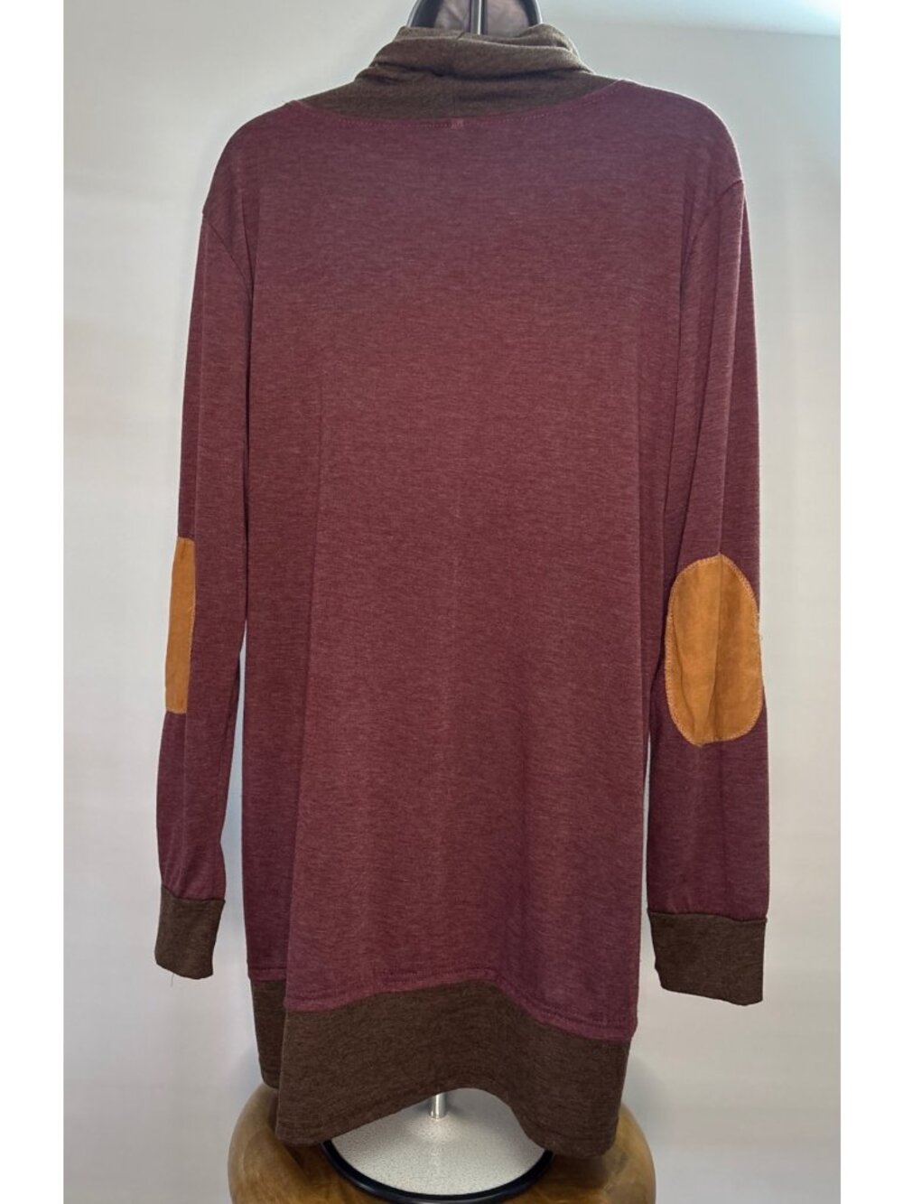 Women's Cowl Neck Scarf Pullover Blouse Turtleneck Burgundy Elbow Patches Tunic - Picture 7 of 16